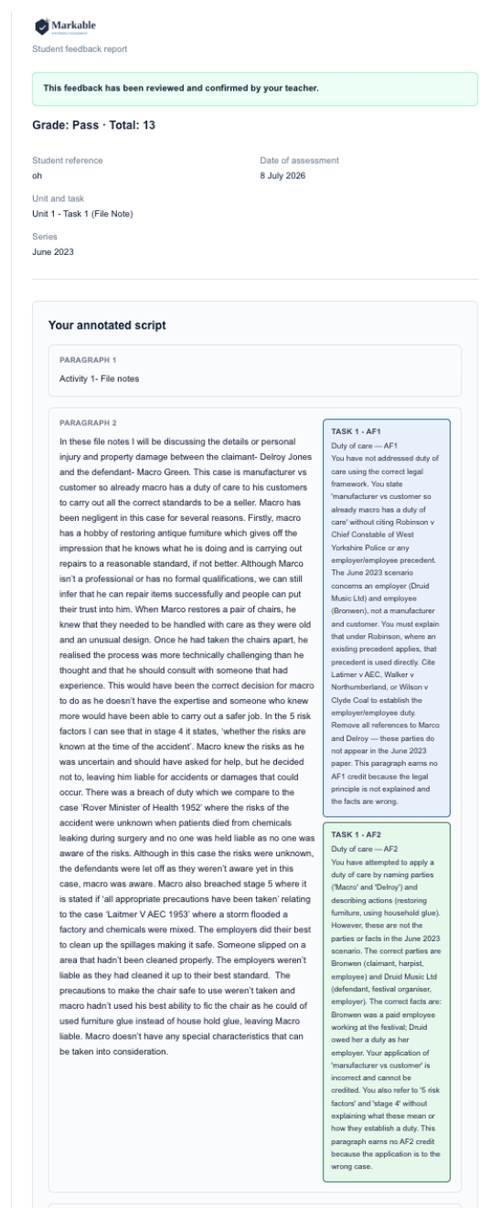 Colour-coded annotations in a Markable student report